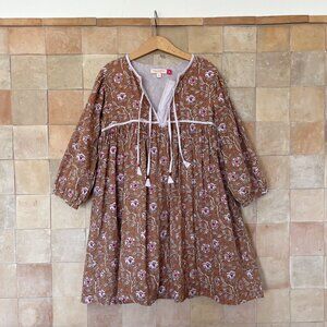 Pink Chicken Beige Block Print Dress With 3/4 Sleeves